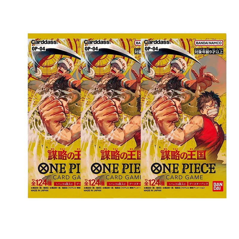 Pacchetto di carte da gioco One Piece Booster Pack OP01-OP12 di Bandai, con carte illustrate di personaggi e design colorati.