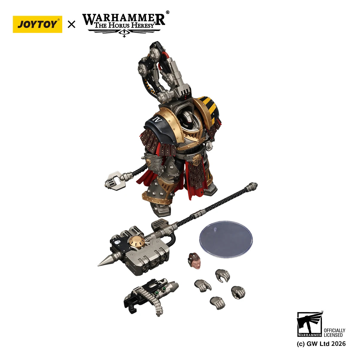 Figura d'azione Warhammer 40K Iron Warriors Warsmith con martello gravitazionale 1/18, dettagliata e articolata.