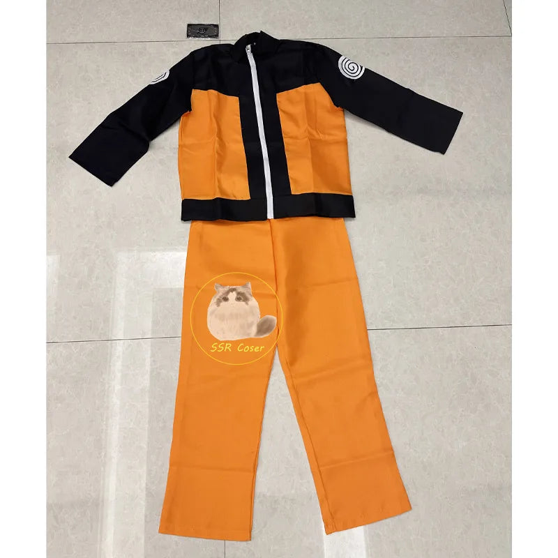 Costume cosplay Uzumaki Naruto con giacca arancione e fascia per eventi cosplay, personaggio del manga Naruto.