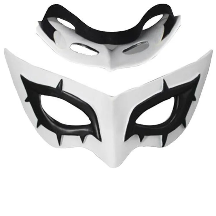 Completo cosplay di Joker Persona 5 con cappotto nero, maschera, parrucca, guanti e abiti, perfetto per cosplay anime.