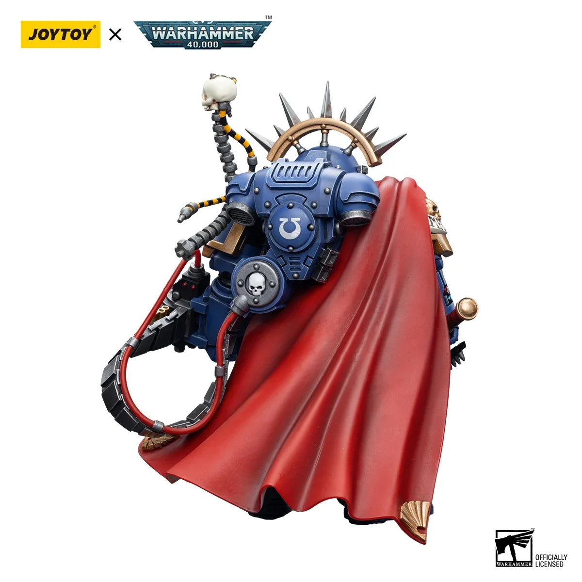 Figura d'azione Warhammer 40k Ultramarines Capitano in armatura Gravis, modello 1/18 in posa dettagliata.