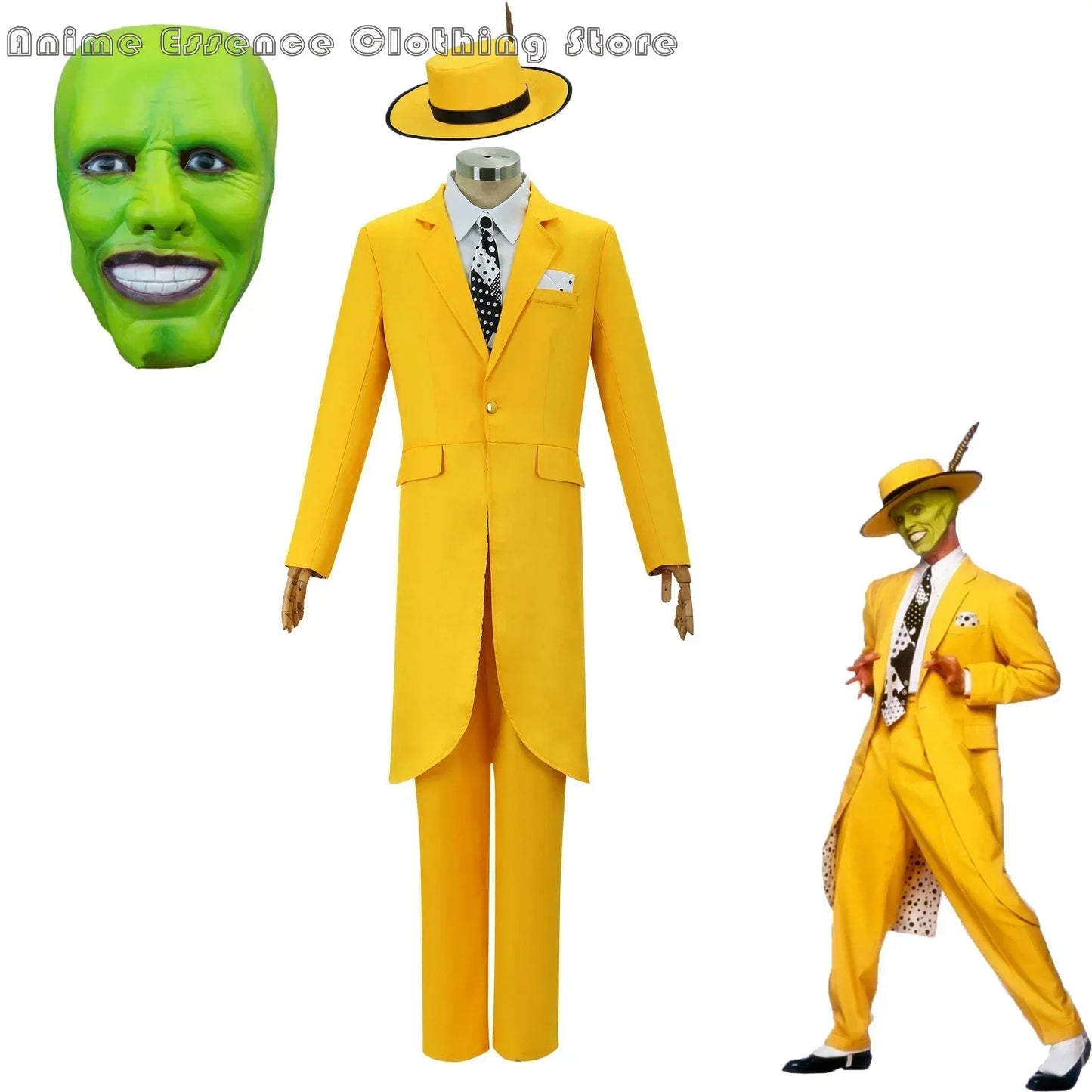 Costume cosplay di Jim Carrey con maschera verde e tuta gialla, adatto a adulti e unisex, perfetto per Halloween e performance teatrali.
