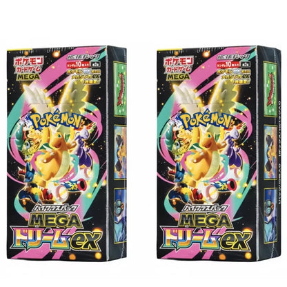 Carte Pokémon TCG Mega Dream EX Golden Box, edizione giapponese, con booster pack e dettagli dorati, immagine di carte collezionabili.