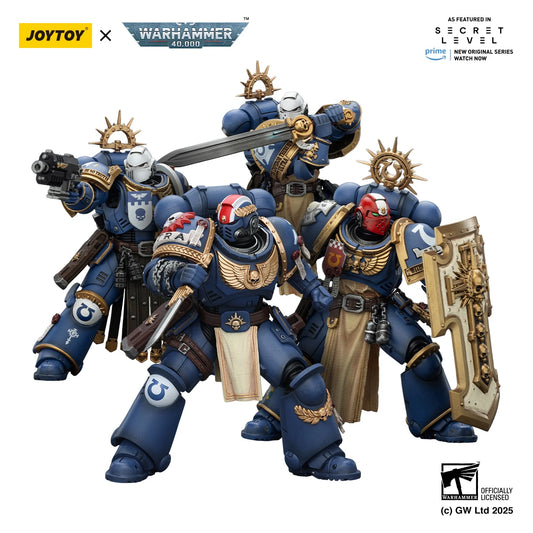 Figura d'azione Warhammer 40K Ultramarines Titus Metaurus Levantus Torvald in scala 1/18, dettagliata e articolata.