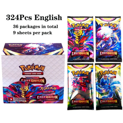 Scatola di 36 bustine di carte Pokémon TCG in inglese con immagini di Pokémon, 324 carte totali, marca Otaku Family Store.