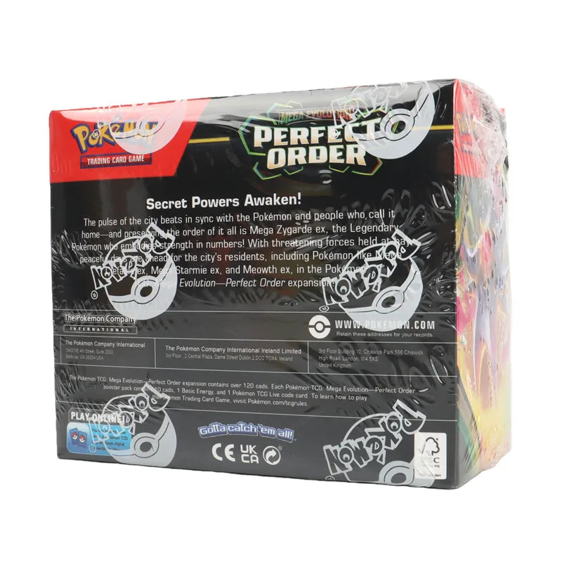 Scatola di carte Pokémon TCG Mega Evolution Booster Box – Perfect Order Edition, con immagini di carte e packaging.