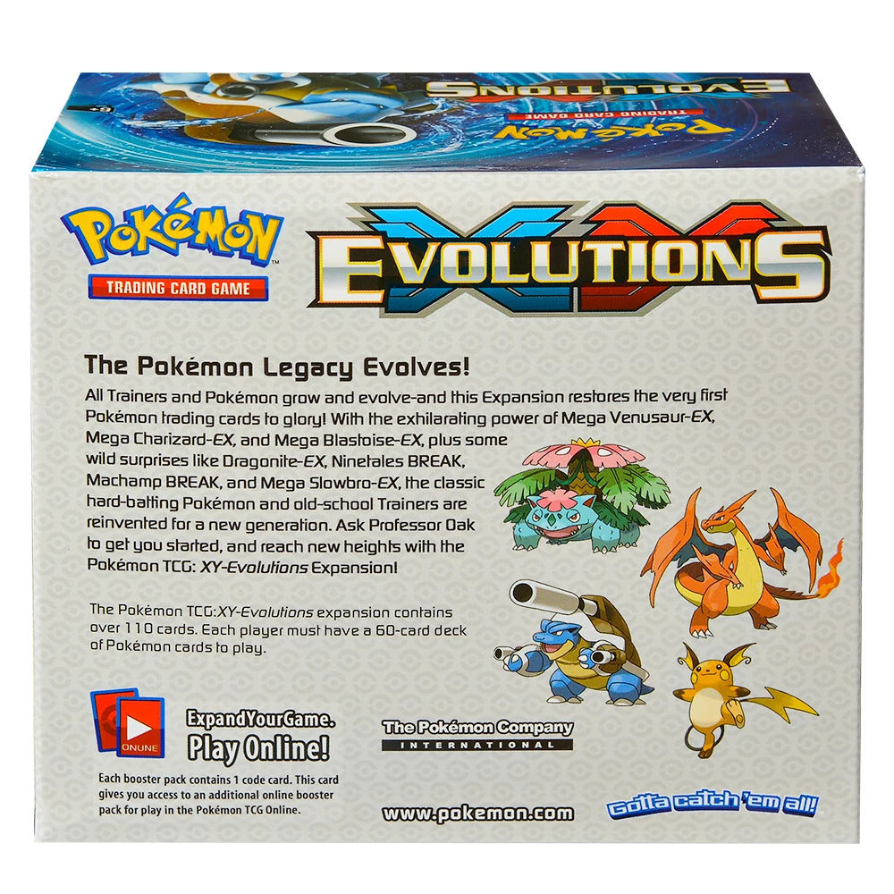 Scatola di 36 pacchetti di carte Pokémon TCG Evolutions con 360 carte, immagini di Pokémon classici e moderne.