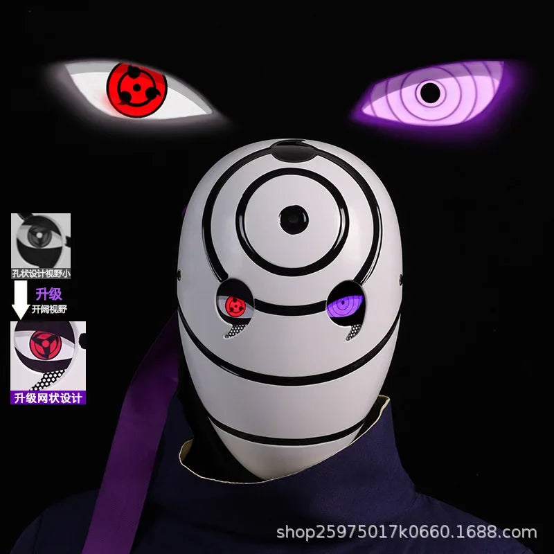 Maschera cosplay Uchiha Obito Sharingan Akatsuki Naruto, maschera rossa con simboli, ideale per cosplay e eventi cosplay.