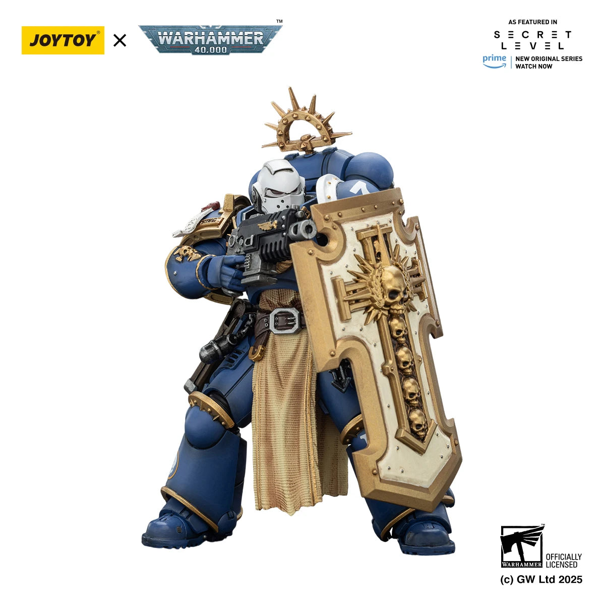 Action figure Warhammer 40K Ultramarines Levantus di Otaku Family, con spada energetica, scudo da tempesta e pistola a colpo