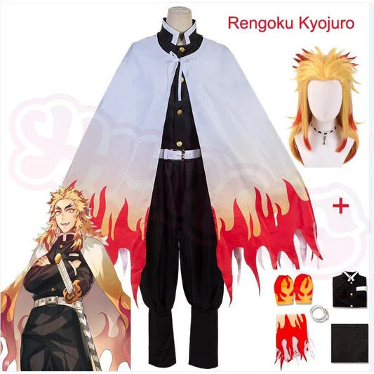 Costume cosplay Rengoku Kyojuro Demon Slayer Kimetsu no Yaiba con mantello, per adulti e bambini, con parrucca, vestito da festa.