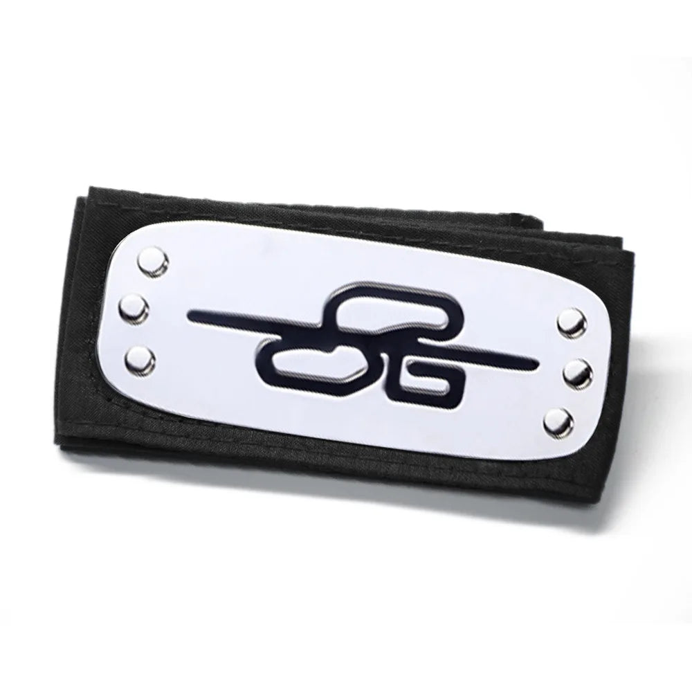 Copricapo Naruto cosplay, fascia frontale Hitai-ate ninja con design dettagliato, accessorio stile anime giapponese per cosplay.