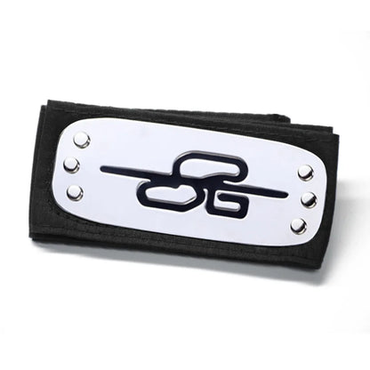 Copricapo Naruto cosplay, fascia frontale Hitai-ate ninja con design dettagliato, accessorio stile anime giapponese per cosplay.