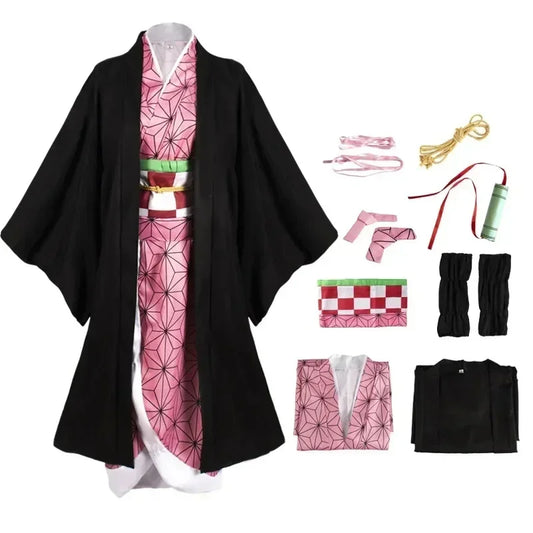 Costume cosplay Kimetsu no Yaiba Kamado Nezuko con kimono, parrucca e dettagli per cosplay Demon Slayer, marchio Otaku Family Store.