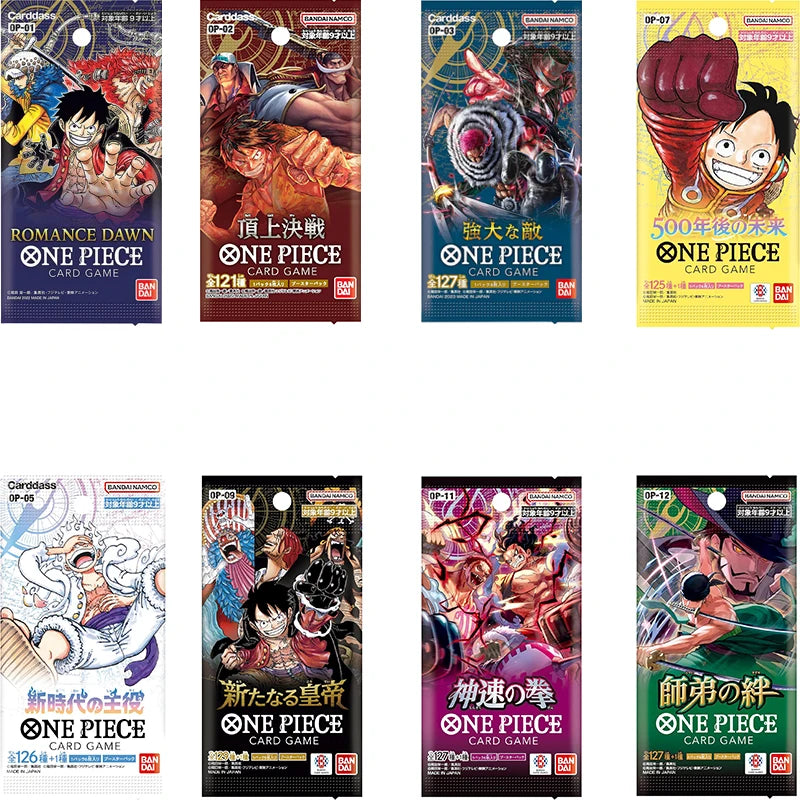 Set di carte del gioco One Piece di Bandai, booster pack OP01-OP12, con carte illustrate e dettagli di personaggi.