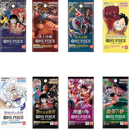 Set di carte del gioco One Piece di Bandai, booster pack OP01-OP12, con carte illustrate e dettagli di personaggi.