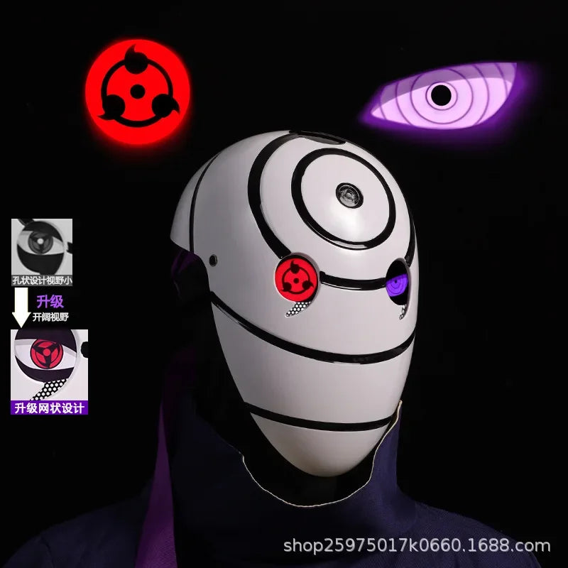 Maschera cosplay Uchiha Obito Sharingan Akatsuki Naruto, maschera in tessuto con dettagli realistici, ideale per costumi cosplay anime.
