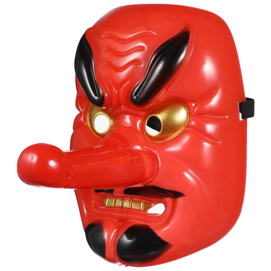 Maschera tradizionale giapponese Tengu rossa in plastica, maschera da samurai e cosplay mascherata per feste e rappresentazioni.