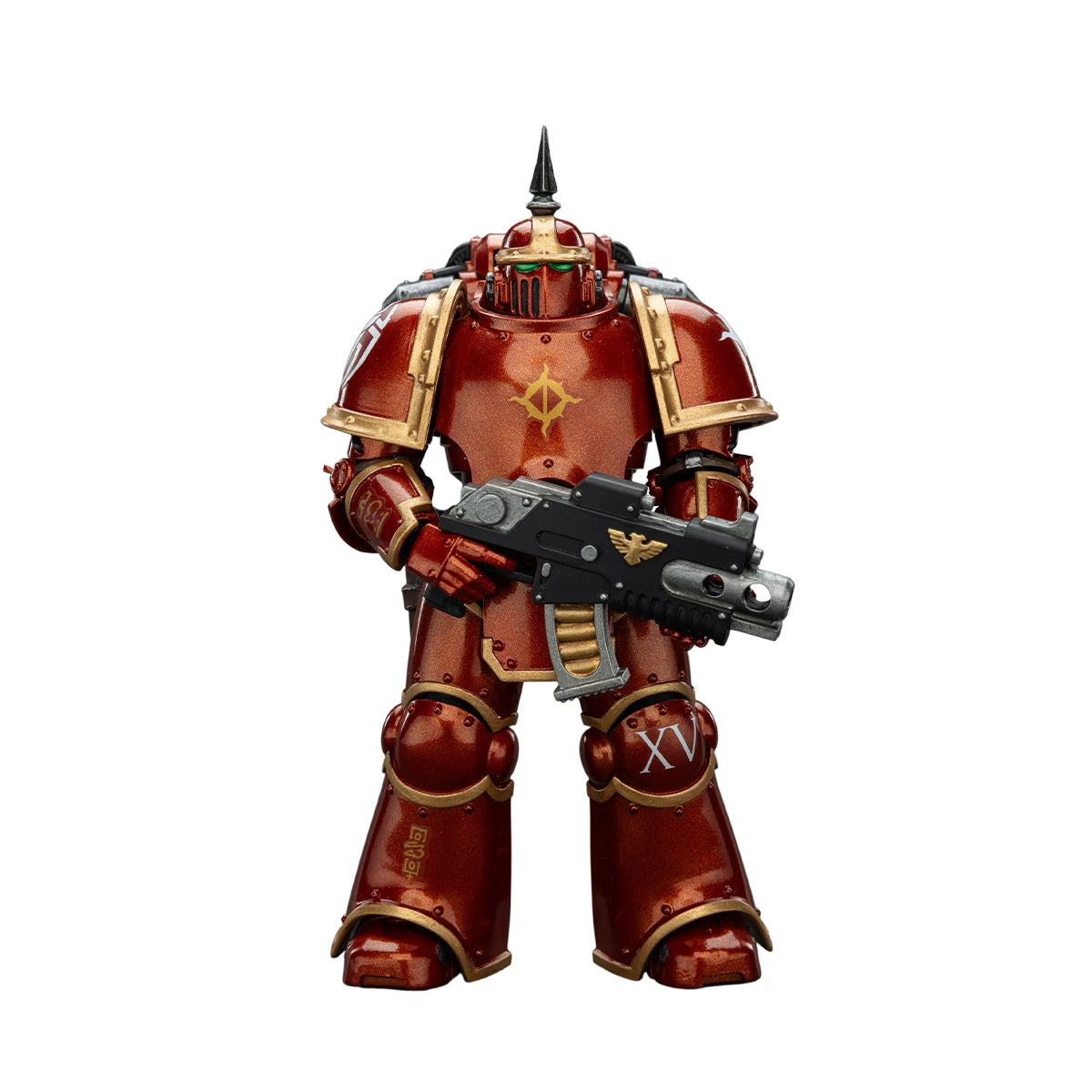 Action figure Warhammer "The Horus Heresy" con soldati Space Wolves, Blood Angels e Imperial Fists in scala 1/18, dettagli realistici.