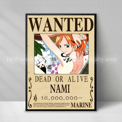 Figura da collezione One Piece Otaku Family Store, personaggio con avviso di taglia gialla come decorazione murale.