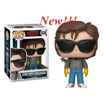 Funko Pop Stranger Series Eddie, Dustin, Steve, Robin e Eleven, figure in vinile con dettagli colorati e personaggi iconici.