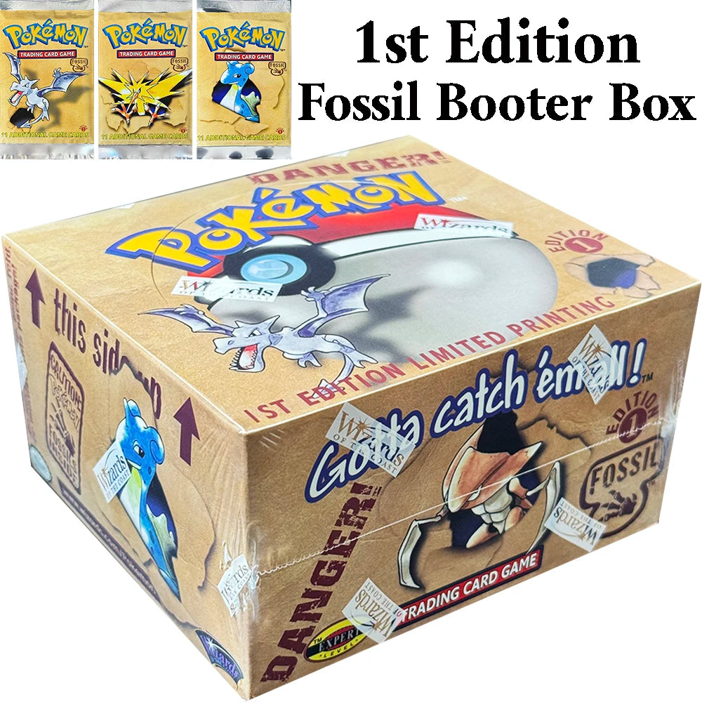 Scatola di carte Pokémon Fossil Booster Box con Aerodactyl, Lapras e Zapdos, edizione da collezione proxy, vista frontale.