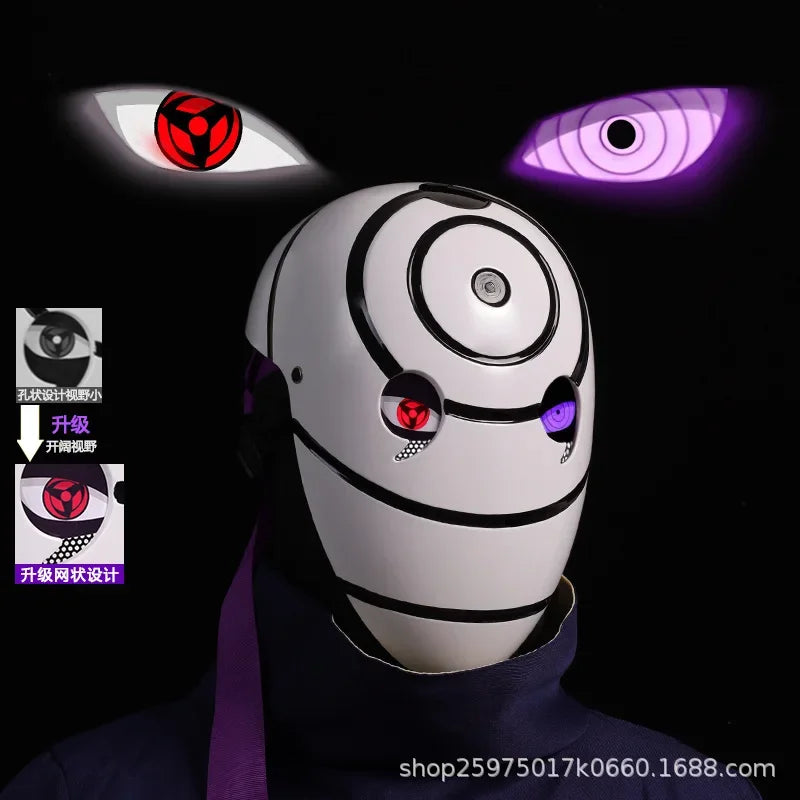Maschera cosplay Uchiha Obito Sharingan Akatsuki Naruto, maschera in tessuto con disegni dettagliati da Otaku Family Store.