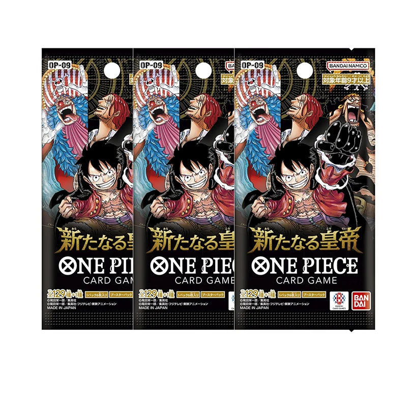 Pacchetto di carte del gioco One Piece di Bandai, serie OP01-OP12, con illustrazioni colorate e dettagliate.