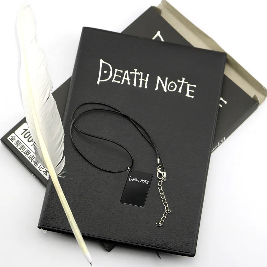 Set di quaderno in pelle e penna a piuma ispirati a Death, perfetti come accessori cosplay e regalo, con ciondolo e notaio.