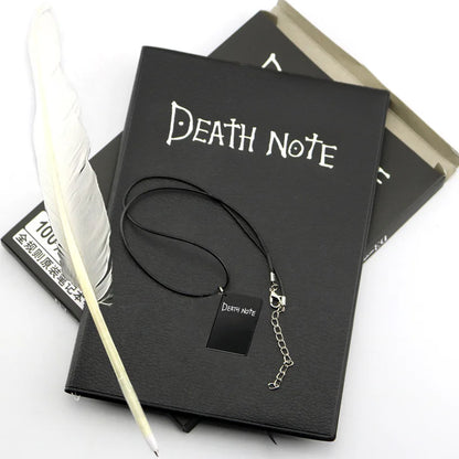 Set di quaderno in pelle e penna a piuma ispirati a Death, perfetti come accessori cosplay e regalo, con ciondolo e notaio.