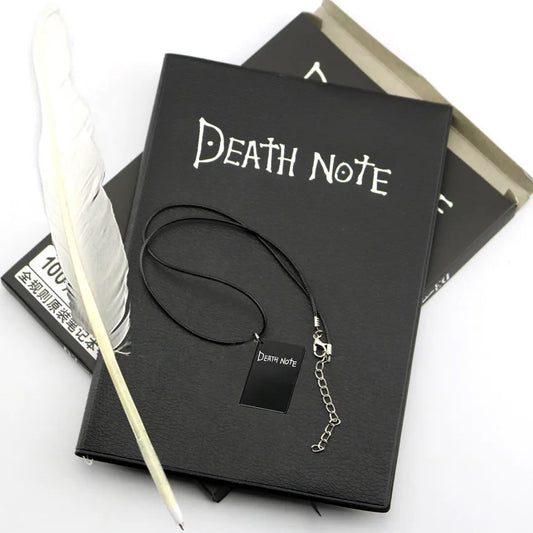 Set di quaderno in pelle e penna a piuma ispirati a Death, perfetti come accessori cosplay e regalo, con ciondolo e notaio.