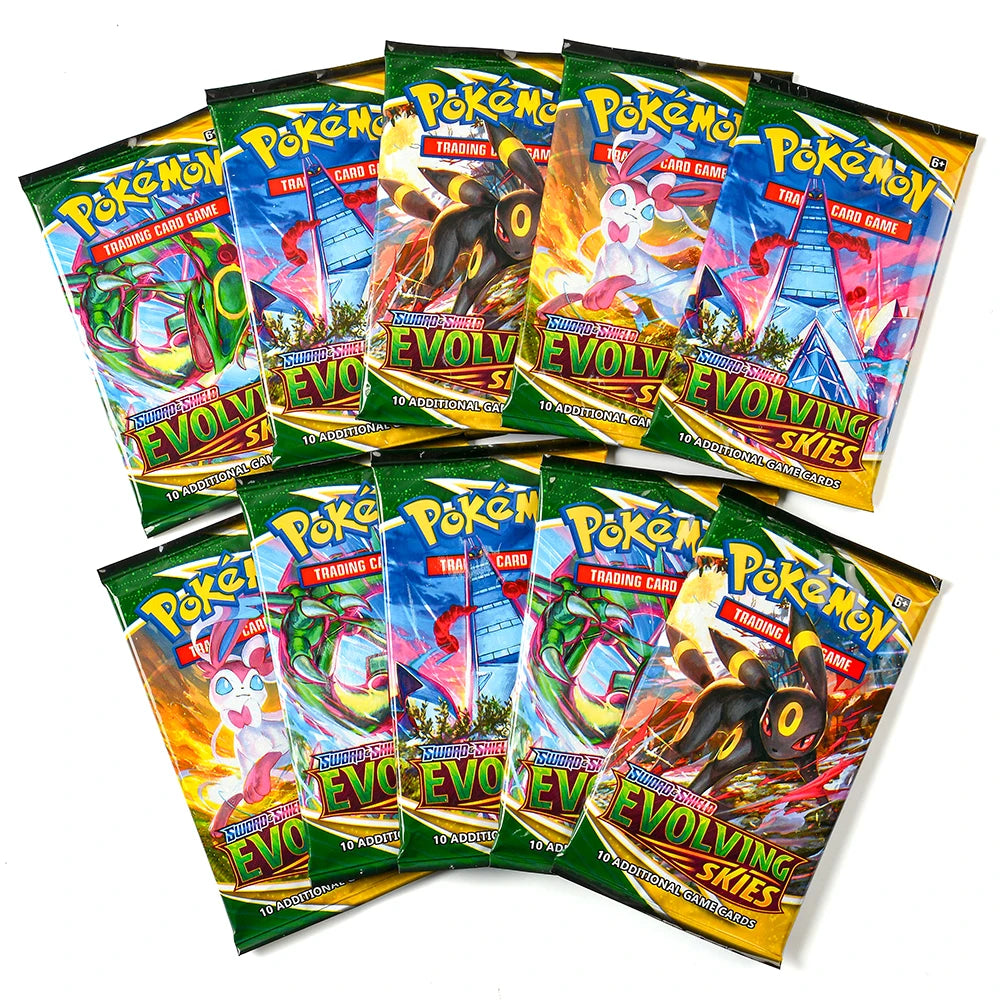 Scatola di carte Pokémon TCG Evolutions con 36 pacchetti, mostra le carte con illustrazioni di Pokémon e loghi della scatola.