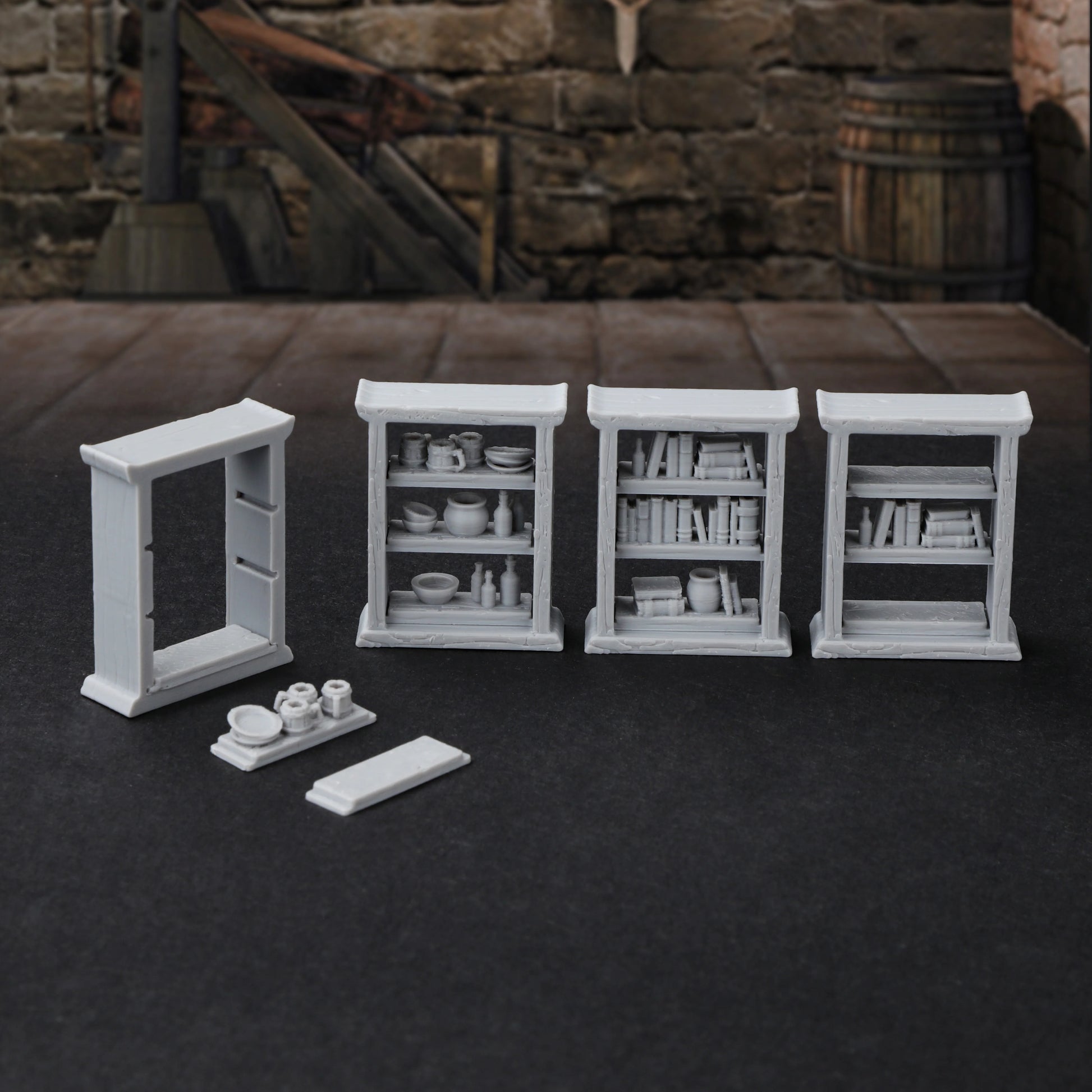 Miniatura di mobili RPG 28mm Otaku Family Store, scaffali, librerie e credenze intercambiabili per giochi di ruolo.