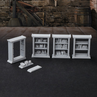 Miniatura di mobili RPG 28mm Otaku Family Store, scaffali, librerie e credenze intercambiabili per giochi di ruolo.