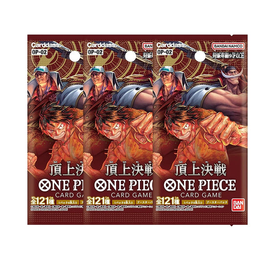 Pacchetto di carte del gioco One Piece di Bandai con illustrazioni colorate e dettagli delle carte della serie OP01-OP12.