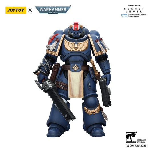 Figure d'azione Warhammer 40K Ultramarines Titus Laurels, Metaurus, Levantus e Torvald, modello 1/18, in pose dinamica