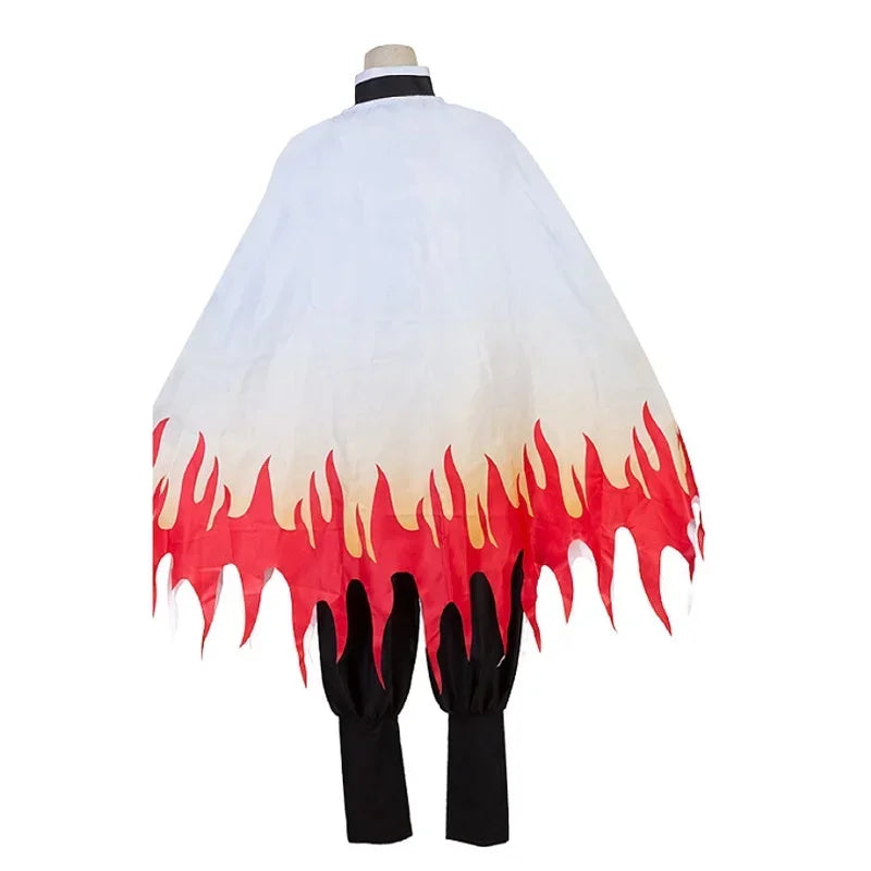 Costume cosplay Rengoku Kyojuro Demon Slayer Kimetsu no Yaiba con parrucca, adatto adulti e bambini, dettagliato e realistico.