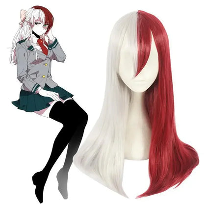 Costume cosplay di anime girl My Hero Academia Todoroki Shoto, vestito lungo con dettagli realistici, ideale per cosplay e eventi anime.