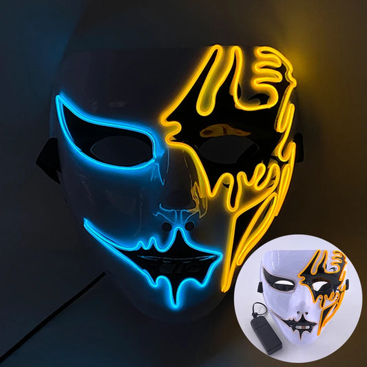 Maschera da cosplay luminosa con design demoniaco, perfetta per Halloween e eventi horror, con effetti glow e dettagli inquietanti.