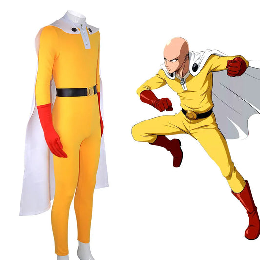 Costume cosplay One Punch Man Saitama completo con tuta gialla, mantello, guanti e cintura, ideale per feste e cosplay.