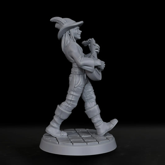 Miniatura Bardo TTRPG Il Cantore delle Leggende, gadget dettagliato in stile fantasy, con figura di un bardo con strumenti musicali.