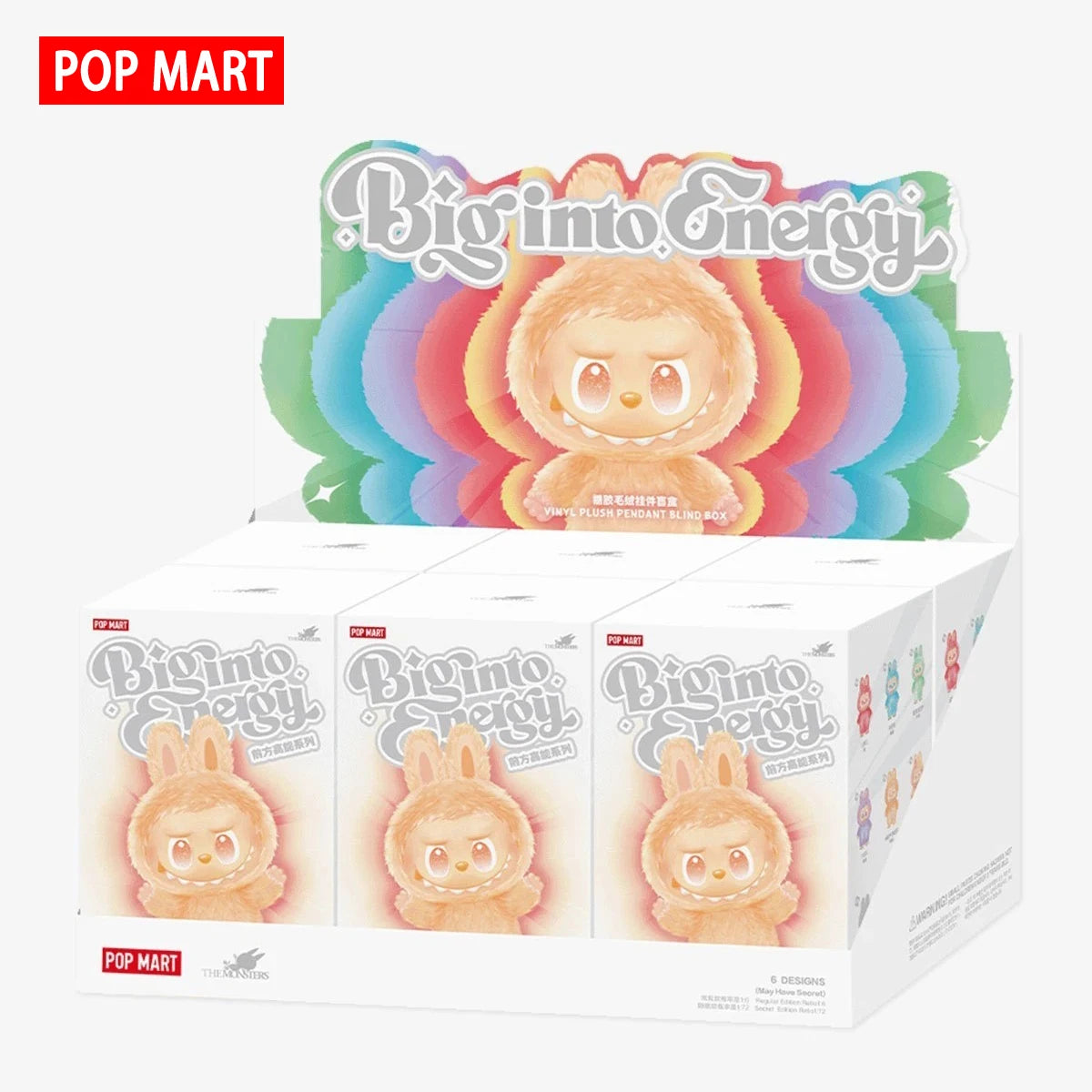Bambola di peluche Labubu 3.0 Big into Energy di Pop Mart, morbida e decorativa, visibile in un'immagine con dettagli colorati e accattivanti.