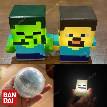 Figura da collezione LED Minecraft di Bandai Namco, include Steve, Zombie, Ender Dragon e scheletro, in stile gadget.