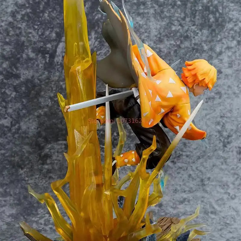 Figura anime Agatsuma Zenitsu Demon Slayer, statua PVC con doppia testa e luci LED, dettagliata e colorata.