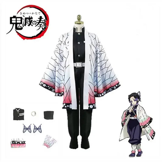 Costume cosplay Demon Slayer Kimetsu no Yaiba Kochou Shinobu con kimono, parrucca e accessori, perfetto per Halloween e eventi cosplay.
