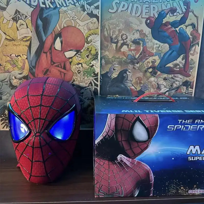 Maschera Spiderman in spandex con occhi mobili, costume cosplay di Peter Parker, ideale per Halloween e cosplay.