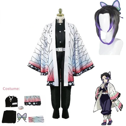 Set cosplay Kimetsu no Yaiba Demon Slayer Kochou Shinobu con kimono, parrucca e accessori, ideale per Halloween e eventi cosplay.