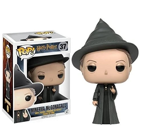 Figura Funko Pop di Harry Potter con personaggi come Hermione, Ron, Malfoy, Dumbledore, Hedwig e il Patronus Fawkes in stile collezione.