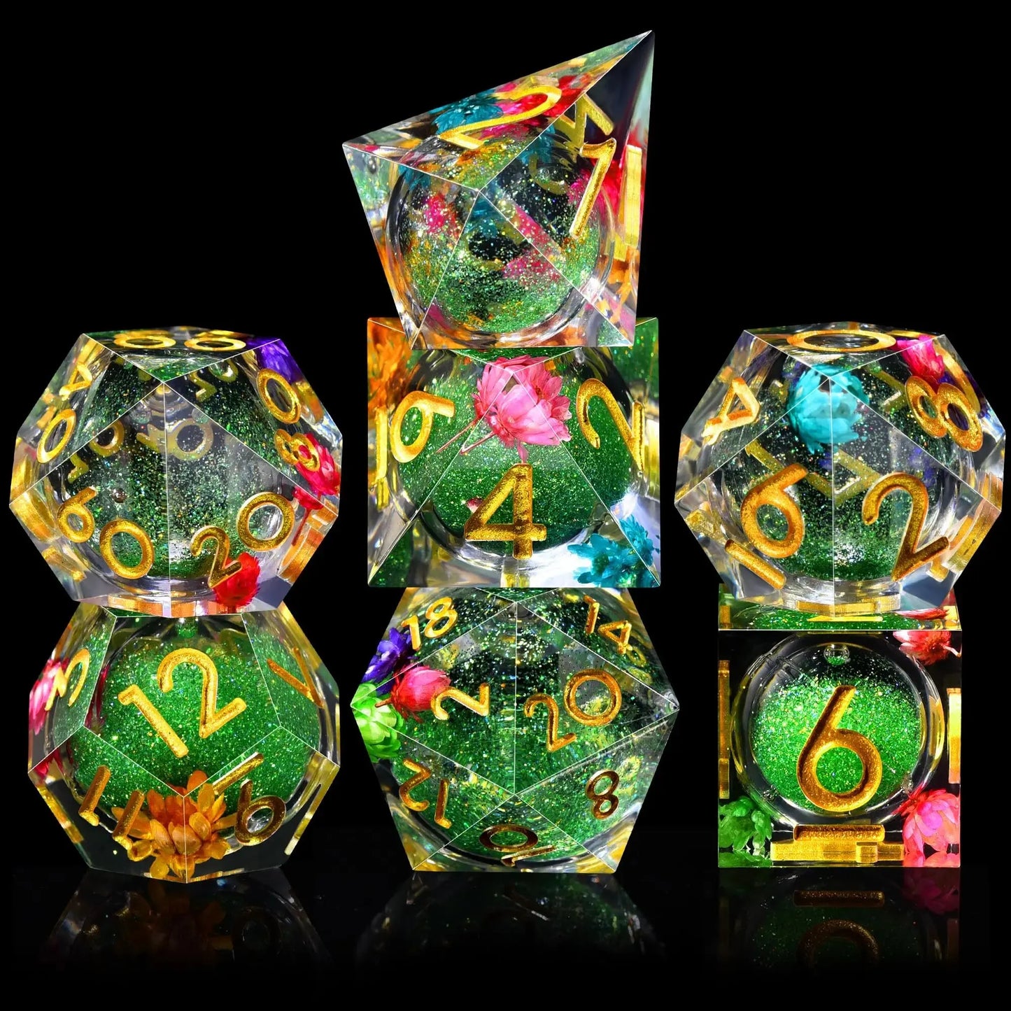 Set di dadi in resina liquida con bordi affilati, parte della collezione RPG di Otaku Family Store Online, gadget per giochi di ruolo.