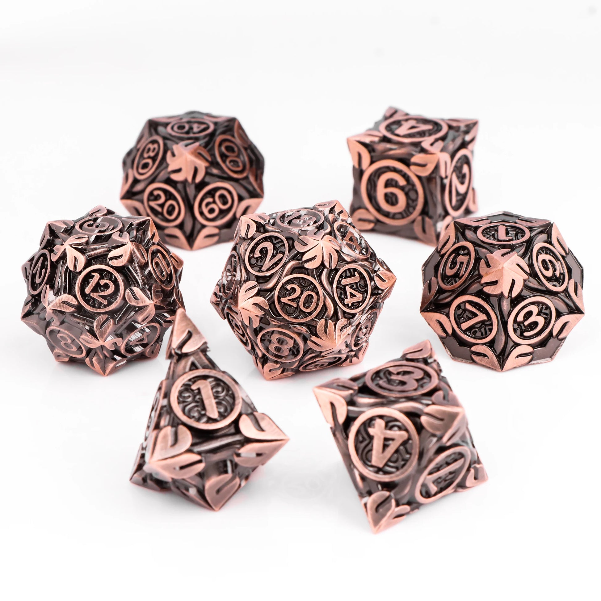 Set di 7 dadi poliedrici in metallo per giochi di ruolo D&D, parte della collezione mista Otaku Family Store.