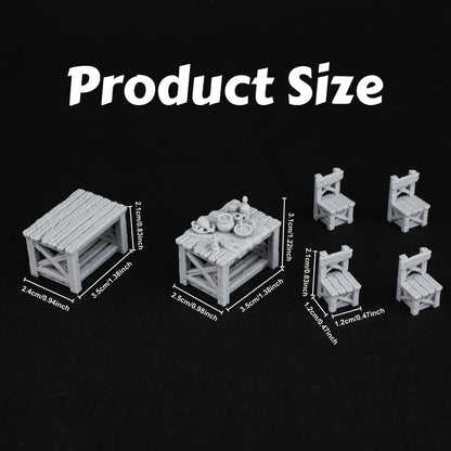 Miniature tavolo rustico e mobili per giochi di ruolo, set di arredamento per terrain miniatures da tavolo Otaku Family Store.